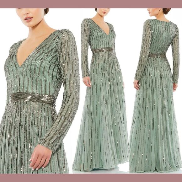 NWT $598‎ Mac Duggal [ 12 ] Sequined Illusion Long Sleeve A-line Gown Sage #4977 - Picture 1 of 14